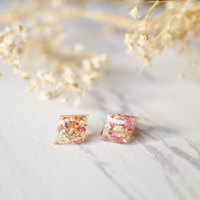 Real Dried Flowers and Resin Diamond Stud Earrings in Orange Rose White - Thumbnail 4