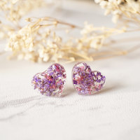 Real Dried Flowers and Resin Heart Stud Earrings in Purple and Rose - Thumbnail 4