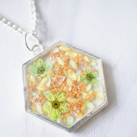 Real Dried Flowers in Resin Silver Hexagon Necklace in Orange Green Copper Flake Mix - Thumbnail 1
