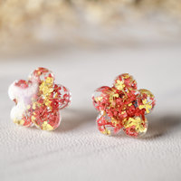 Real Dried Flowers and Resin Flower Shaped Stud Earrings in Yellow and Red - Thumbnail 3