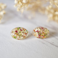 Real Dried Flowers and Resin Oval Stud Earrings in Orange Rose White Green - Thumbnail 4