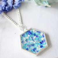 Real Dried Flowers in Resin Silver Hexagon Necklace in Blue Teal Mix - Thumbnail 3