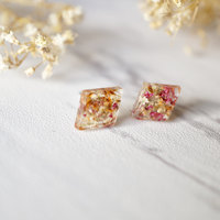 Real Dried Flowers and Resin Diamond Stud Earrings in Orange Rose White - Thumbnail 5