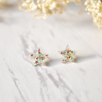 Real Dried Flowers and Resin Star Stud Earrings in Mint and Rose - Thumbnail 5