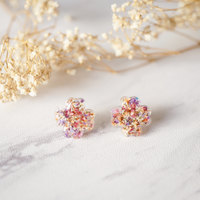 Real Dried Flowers and Resin Clover Stud Earrings in Pink Purple White Orange - Thumbnail 4