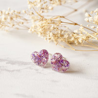 Real Dried Flowers and Resin Heart Stud Earrings in Purple and Rose - Thumbnail 5