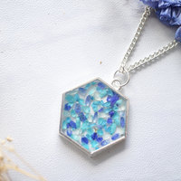 Real Dried Flowers in Resin Silver Hexagon Necklace in Blue Teal Mix - Thumbnail 4