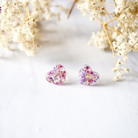 Real Dried Flowers and Resin Heart Stud Earrings in Purple Mix - Thumbnail 4