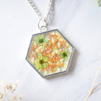 Real Dried Flowers in Resin Silver Hexagon Necklace in Orange Green Copper Flake Mix - Thumbnail 2
