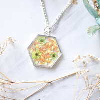 Real Dried Flowers in Resin Silver Hexagon Necklace in Orange Green Copper Flake Mix - Thumbnail 4