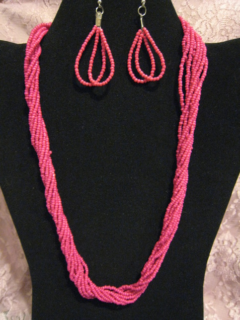 Bright Pink Seed Bead Necklace Set