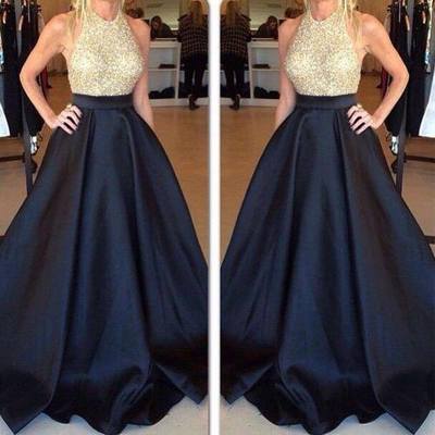 Sexy open back prom dress,halter neckline dark navy evening dress