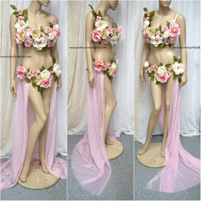 Two Piece Petal Pink Rose Fairy Gown with Train Costume Dance Rave Halloween