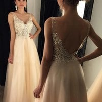 Beautiful champagne lace v neck long prom dress,champagne evening dress - Thumbnail 1