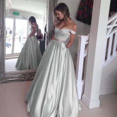 Gray off shoulder long prom dress,gray evening dresses