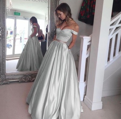 Gray off shoulder long prom dress,gray evening dresses