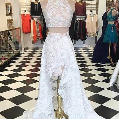 Unique 2 pieces lace high low prom dress,evening dress