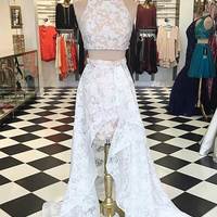 Unique 2 pieces lace high low prom dress,evening dress - Thumbnail 1