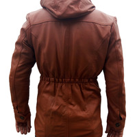 HANDMADE MEN BROWN SLIM FIT HOODR LEATHER JACKET, MEN LEATHER HOODIE - Thumbnail 3