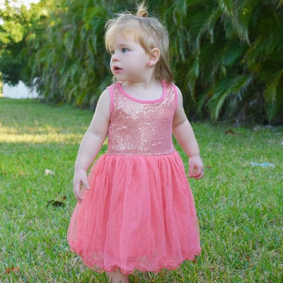 Coral sequin and tulle dress