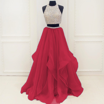 Deep red two piece prom dress,sexy keyhole back beaded prom gown,two piece party dress