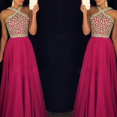 Rose red chiffon beading long prom dress,red evening dress