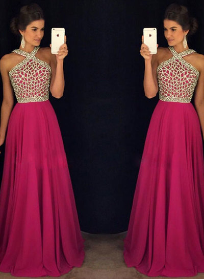 Rose red chiffon beading long prom dress,red evening dress