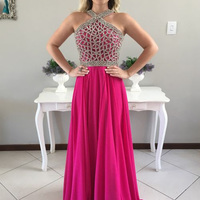 Rose red chiffon beading long prom dress,red evening dress - Thumbnail 1