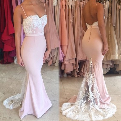 Pink mermaid lace long prom dress,pink evening dresses