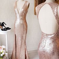 Champagne mermaid sequins long prom dress,champagne evening dresses - Thumbnail 1