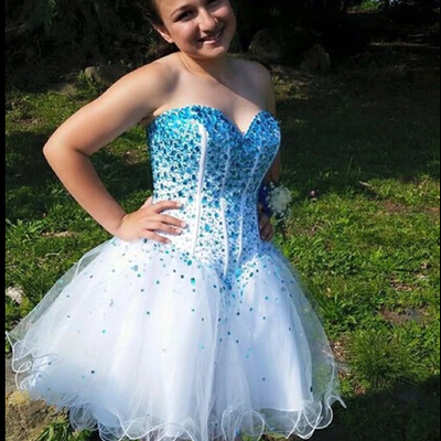 White homecoming dress,sparkle homecoming dresses,glitter homecoming gowns,short prom gown,sweet 16 dress,blue beading homecoming dresses