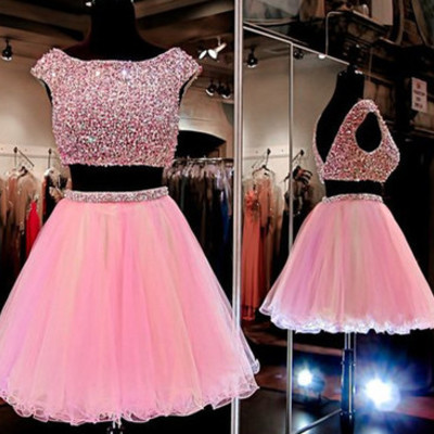 Pink homecoming dress,2 piece homecoming dresses,beading homecoming gowns,short prom gown,sweet 16 dress,bling homecoming dress