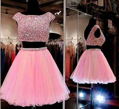 Pink Homecoming Dress,2 Piece Homecoming Dresses,Beading Homecoming Gowns,Short Prom Gown,Sweet 16 Dress,Bling Homecoming Dress