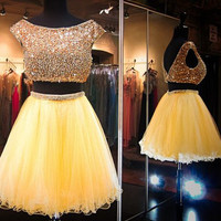 Pink Homecoming Dress,2 Piece Homecoming Dresses,Beading Homecoming Gowns,Short Prom Gown,Sweet 16 Dress,Bling Homecoming Dress - Thumbnail 1