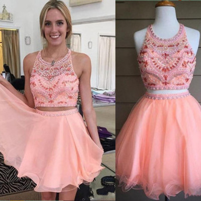 Blush pink homecoming dress,2 piece homecoming dresses,silver beading homecoming gowns,short prom gown,blush pink sweet 16 dress,homecoming dress