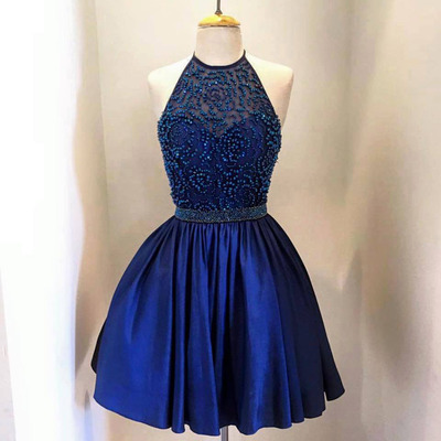 Halter high neck homecoming dress a-line royal blue taffeta beaded bodice short prom dress