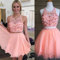 Blush Pink Homecoming Dress,2 Piece Homecoming Dresses,Silver Beading Homecoming Gowns,Short Prom Gown,Blush Pink Sweet 16 Dress,Homecoming Dress - Thumbnail 1