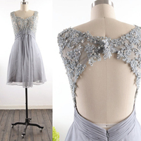 Grey Homecoming Dress,Modest Silver Gray Homecoming Gown,Grey Tulle Homecoming Gowns With Open Back Sequins Party Dress,Backless Sweet 16 Dresses - Thumbnail 1
