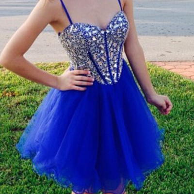 Royal blue homecoming dress,short prom dresses,tulle homecoming gowns,fitted party dress,beading prom dresses