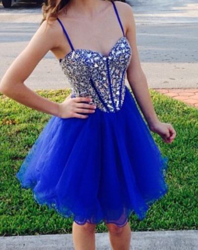 Royal Blue Homecoming Dress,Short Prom Dresses,Tulle Homecoming Gowns,Fitted Party Dress,Beading Prom Dresses
