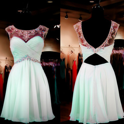 Mint homecoming dress a-line empire open back chiffon with beaded short prom dress
