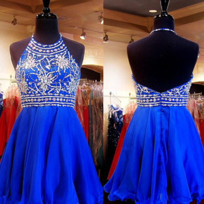 Halter high neck homecoming dress royal blue chiffon beaded bodice mini length prom dress