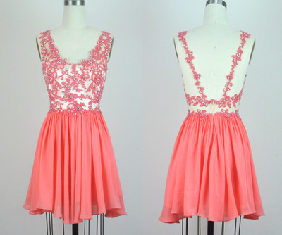 Coral Homecoming Dress,Homecoming Dresses,Lace Homecoming Gowns,Short Prom Gown,Coral Sweet 16 Dress