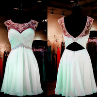 Mint Homecoming Dress A-line Empire Open Back Chiffon with Beaded Short Prom Dress - Thumbnail 1