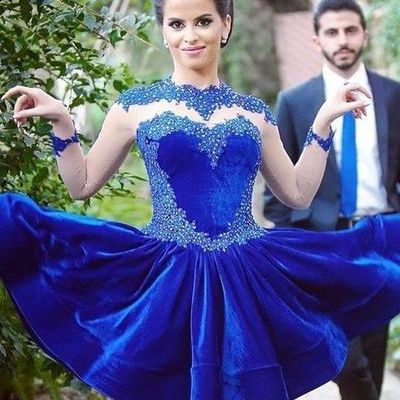 Homecoming dress,lace homecoming dress,royal blue homecoming dress,long sleeves homecoming dress,short prom dress - 145