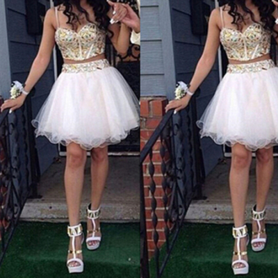 White homecoming dress,2 piece homecoming dresses,beading homecoming gowns,short prom gown,sweet 16 dress - 121