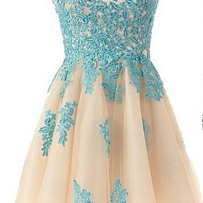 Tulle homecoming dress,lace homecoming dress,blue homecoming dress,fitted homecoming dress,short prom dress - 160