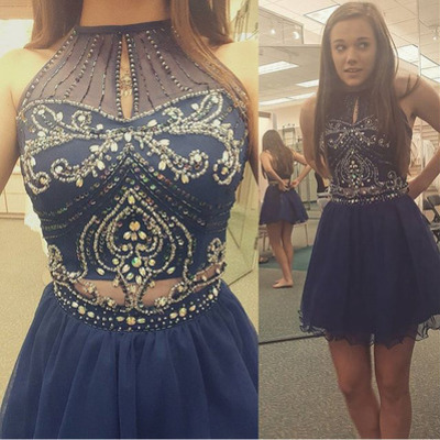 Homecoming dress,high neck halter navy tulle skirt two piece short prom dress - 174