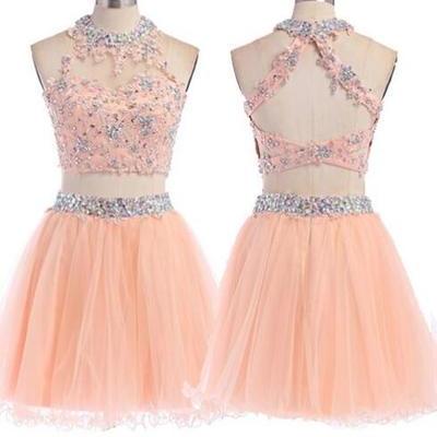 Peach homecoming dress, 2 pieces homecoming dress, short homecoming dress - 129