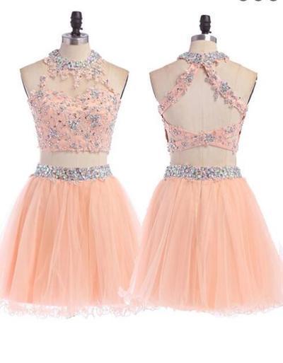 Peach Homecoming dress, 2 pieces homecoming dress, short homecoming dress - 129